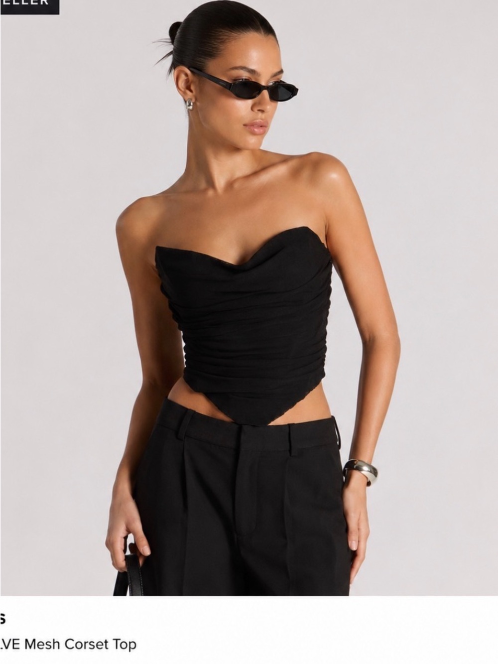 NBD Black Ruched Mesh Strapless Crop Top | Back Zip | Size XS 00